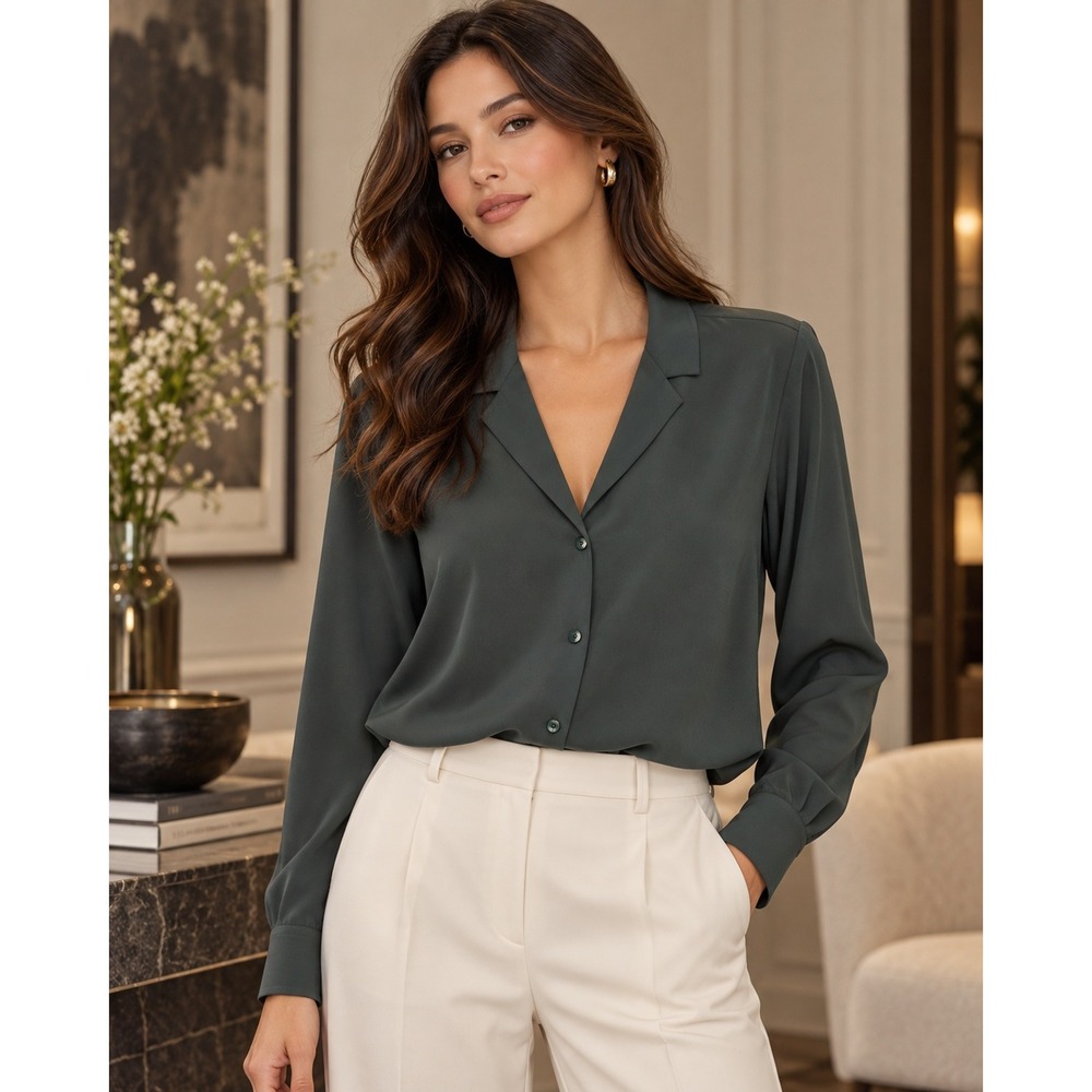 Babaton Murphy Blouse Dark Green Grey Notch Lapel Button Front Top Size S